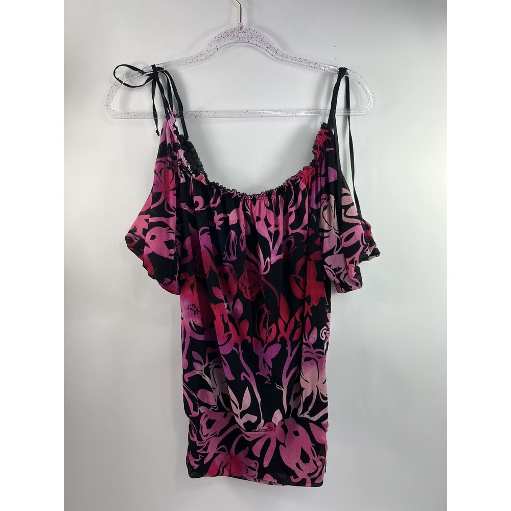 Express Blouse Women's Sz XS Black Floral Spaghetti Strap Cold Shoulder